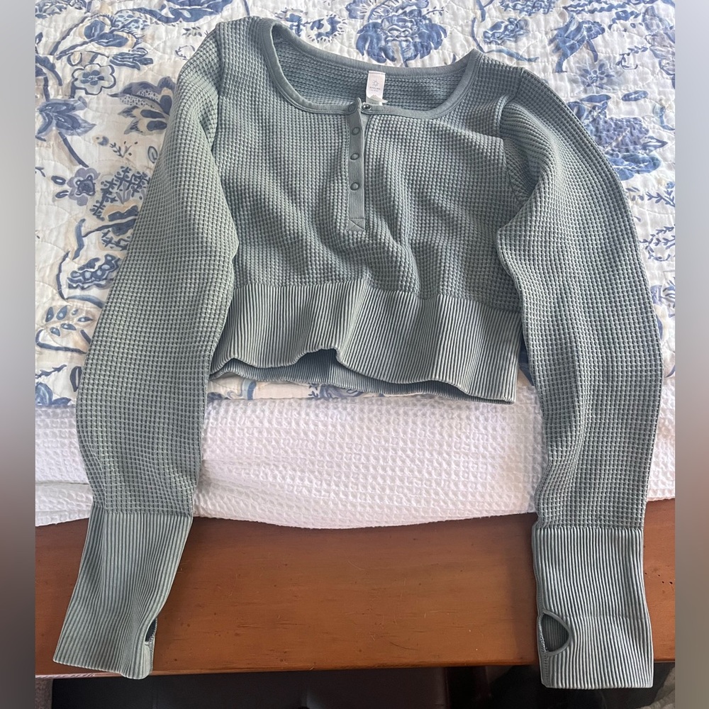 aerie Sage Green Waffle-Knit Henley Crop Top